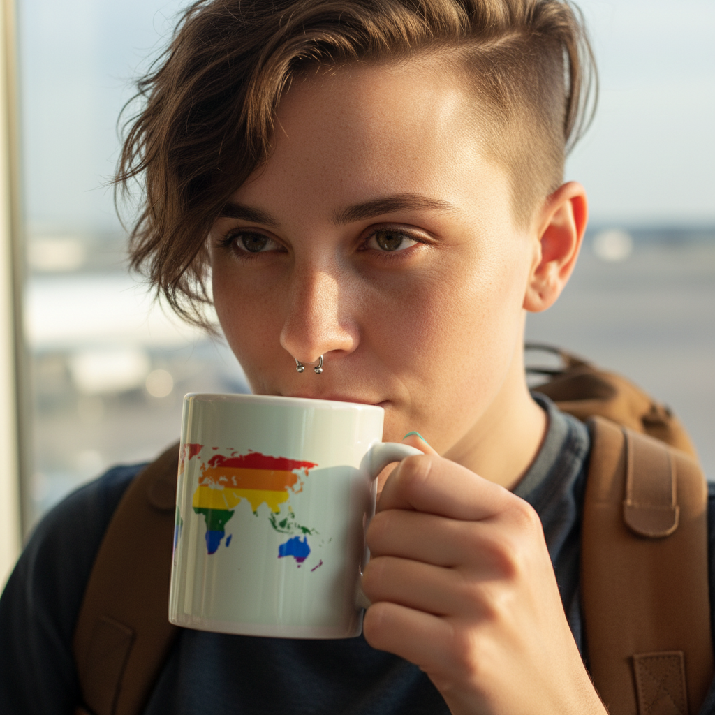 Young person sips from a Gay Map Mug, featuring a rainbow-pride world map design, embodying queer pride and self-expression. Perfect for showcasing LGBTQIA+ identity, this ceramic mug is both stylish and practical.