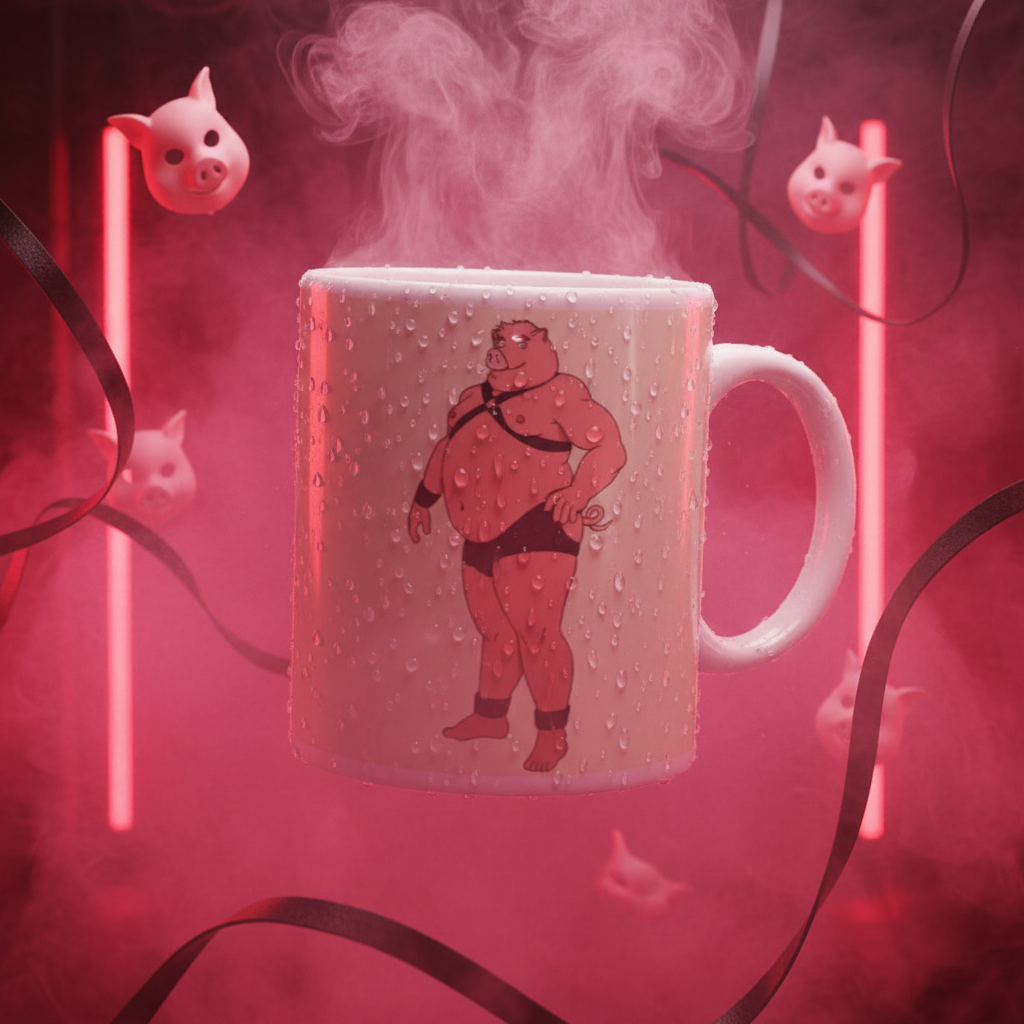 Gay Pig Mug: A white ceramic mug featuring a muscular, anthropomorphic pig character in a harness and briefs, surrounded by floating pig heads, radiating bold queer energy against a vibrant red-pink backdrop.
