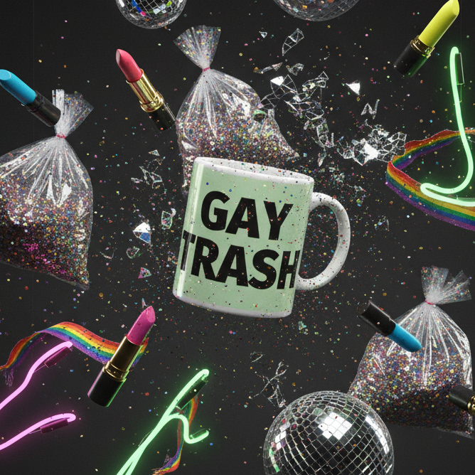 A vibrant scene with a pale-green GAY TRASH mug surrounded by glitter-filled bags, shattering mirror shards, disco balls, colorful lipsticks, and rainbow lights, celebrating queer pride and self-expression.