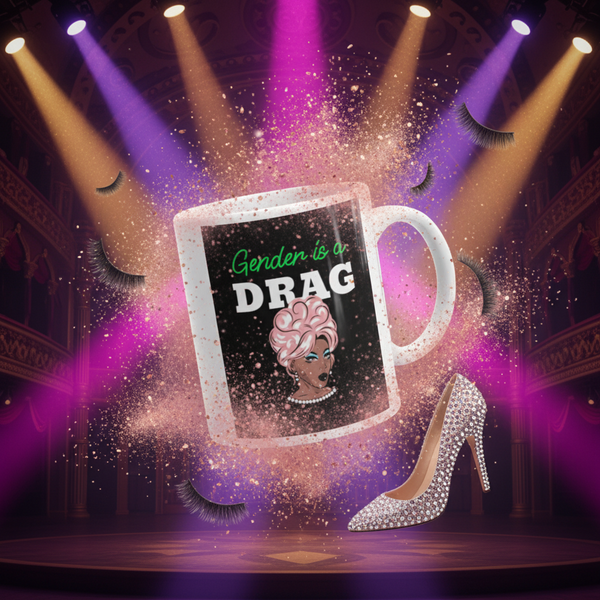 Gender Is A Drag Mug spotlighted onstage amidst floating false eyelashes and a rhinestone-studded high heel, capturing a vibrant, queer celebration of self-expression and empowerment with a glam drag show flair.