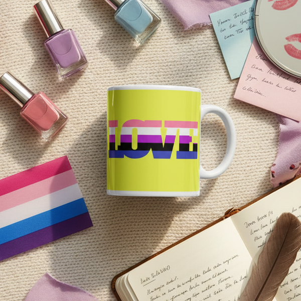 Genderfluid Love Mug with rainbow-inspired LOVE boldly printed, surrounded by pastel fabrics, nail polish, and a pride flag, embodying LGBTQ+ pride and self-expression in a cozy, creative setting.