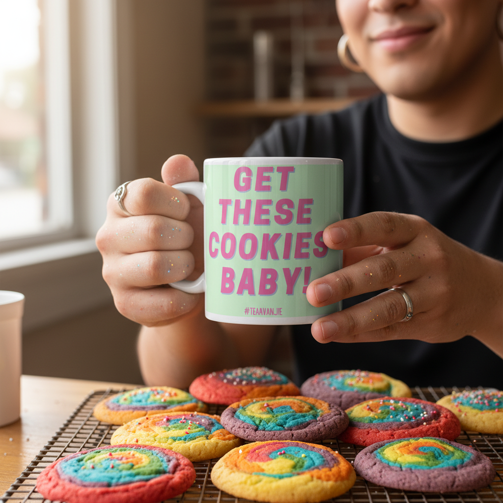 A person holds a Get These Cookies Mug, showcasing bold self-expression. In front, colorful swirled sugar cookies embody joyful pride. A celebration of LGBTQIA+ visibility and empowerment. Dishwasher and microwave safe.