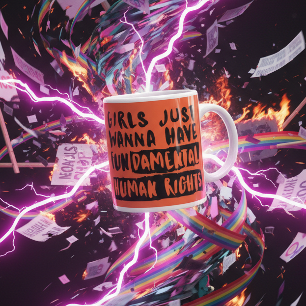 Girls Just Wanna Have Fundamental Human Rights Mug, white with vibrant orange label, exudes powerful protest energy amid rainbow ribbons and lightning, embodying LGBTQIA+ pride and empowerment. Perfect for bold, expressive mornings.