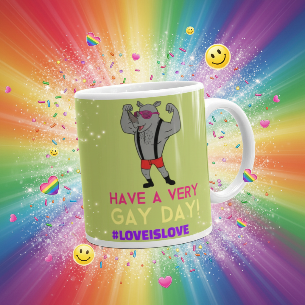 Have A Very Gay Day! Mug featuring a muscular rhino in pink sunglasses and red briefs, exuding queer pride and empowerment. Perfect for celebrating LGBTQIA+ visibility with vibrant, playful energy.