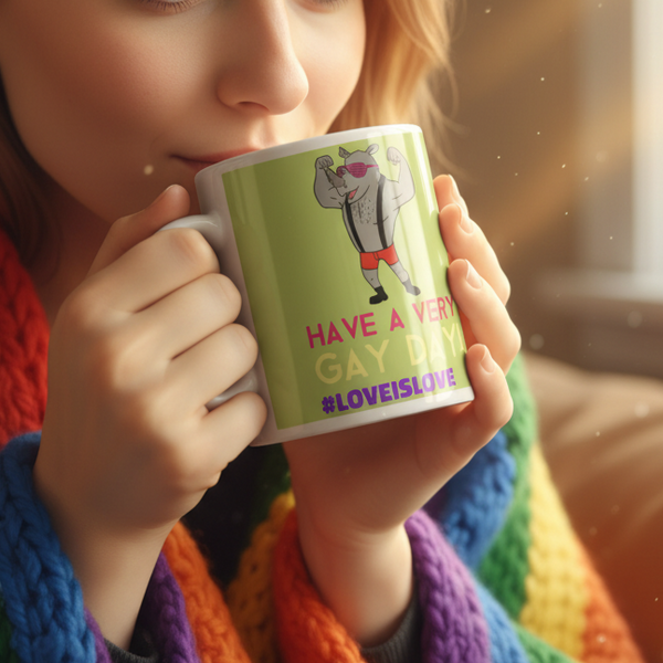 Person wrapped in rainbow knit holding Have A Very Gay Day! mug featuring cartoon rhinoceros in red briefs and suspenders, embodying vibrant queer pride and self-expression. Perfect for celebrating LGBTQIA+ visibility.