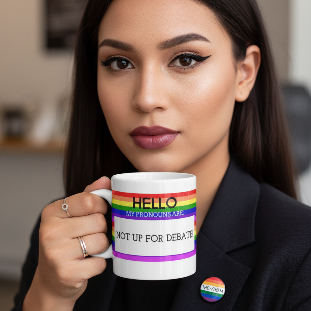 Close-up of a Hello My Pronouns Are Not Up For Debate Mug held by a person wearing a blazer with a THEY/THEM pin, embodying proud LGBTQIA+ self-expression and empowerment.