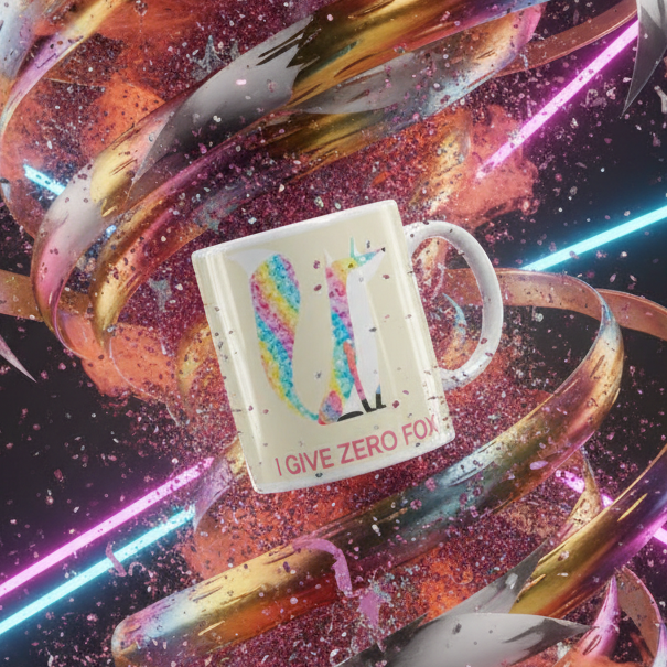 3D rendering of I Give Zero Fox Glitter Mug featuring a rainbow fox silhouette, surrounded by swirling metallic ribbons and confetti, showcasing queer pride with a vivid, dishwasher-safe design.