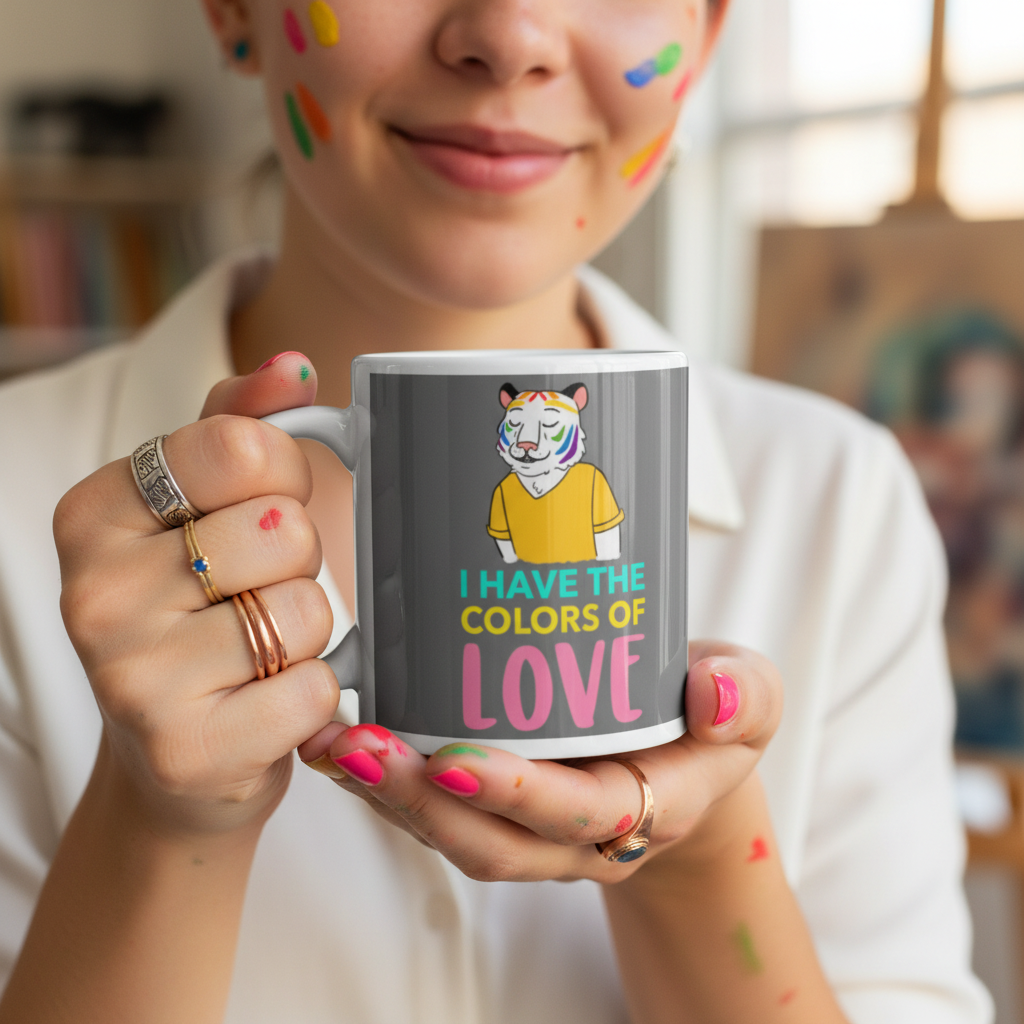 Person holding the I Have The Colors Of Love mug, featuring a cartoon white tiger with rainbow accents and a prideful slogan. Their hands show colorful paint smears, reflecting joyful self-expression.
