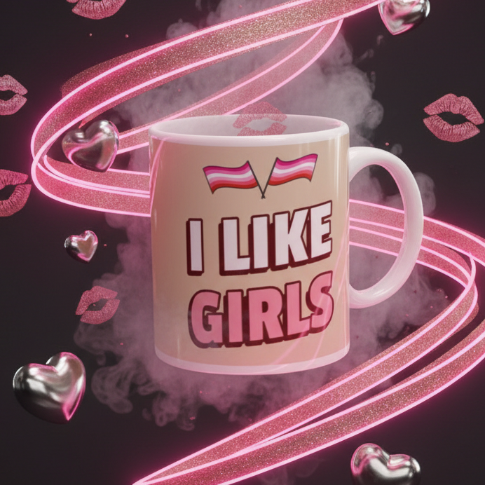 I Like Girls Mug with crossed lesbian-pride flags and bold lettering, adorned with glittery lips and heart shapes, floating amid neon-pink ribbons in a vibrant, celebratory scene.