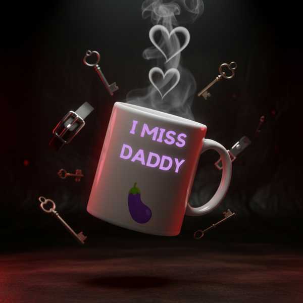 I Miss Daddy Mug floating mid-air, with pastel-purple text and eggplant emoji, surrounded by antique keys and leather straps. Steam forms heart shapes, embodying queer pride and self-expression.