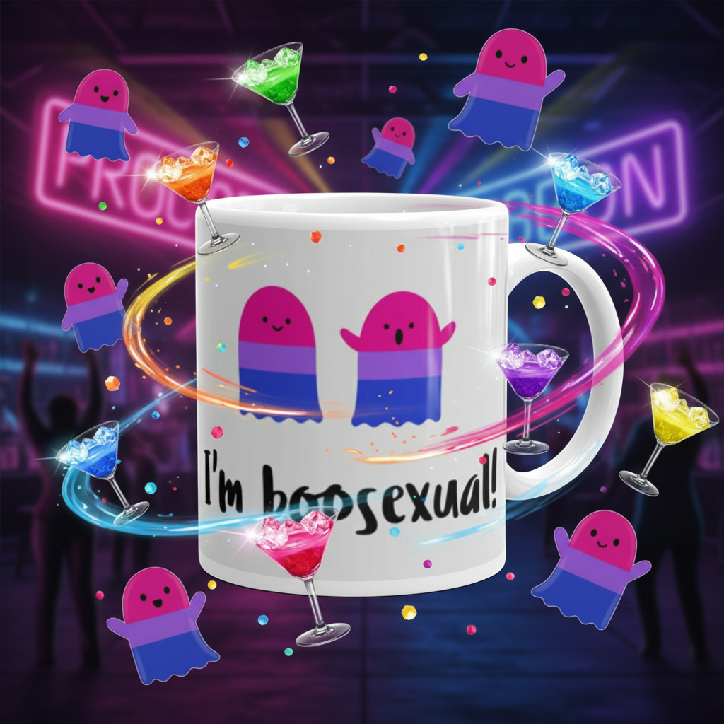 I'm Boosexual Mug featuring playful ghost characters and vibrant cocktails, set in a lively club scene, embodies bold queer pride and self-expression. Dishwasher and microwave safe, perfect for celebrating LGBTQIA+ identity.
