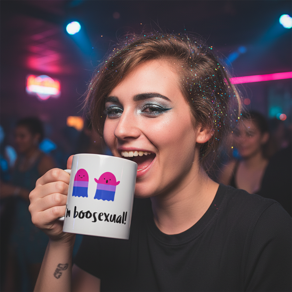 Young person with sparkly makeup smiles while holding the I'm Boosexual mug featuring pink, purple, and blue ghost characters, embodying bisexual pride. A joyful celebration of queer identity and self-expression.