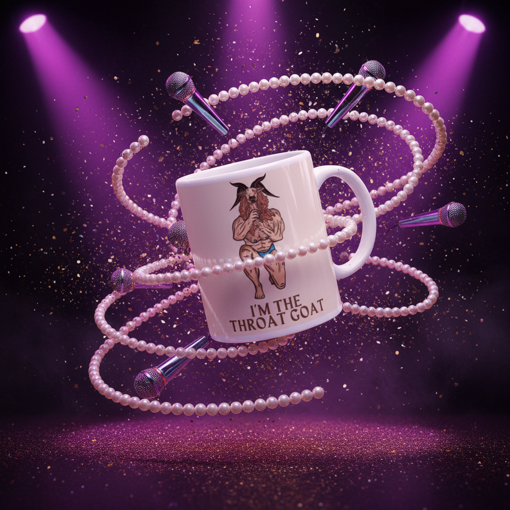 Angled white mug reading “I’M THE THROAT GOAT,” with a goat illustration, pearls, and microphones