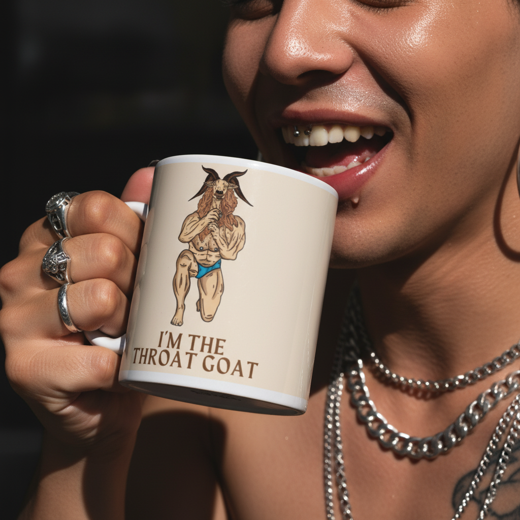 Close-up of I'm The Throat Goat mug featuring a muscular goat in blue briefs. Held by a person adorned with silver rings and necklaces, embodying queer pride and self-expression.