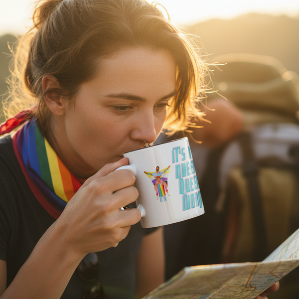 Person outdoors sipping from the It's A Queer Queer World Mug, showcasing vibrant pride-themed design with rainbow graphics, symbolizing LGBTQIA+ empowerment, self-expression, and visibility. Perfect for celebrating identity with every sip.