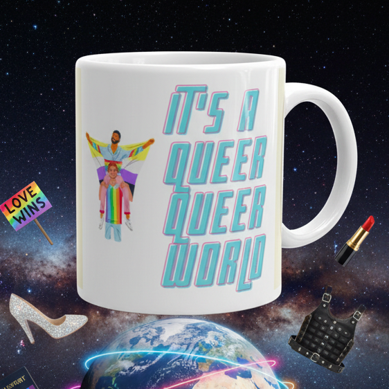 It's A Queer Queer World Mug featuring two people wrapped in rainbow-pride flags. Surrounded by queer-themed accessories, this ceramic mug embodies bold, joyful LGBTQIA+ empowerment and self-expression. Dishwasher and microwave safe.