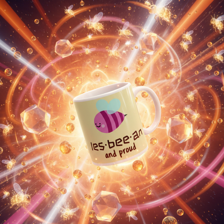 Cream mug with a smiling striped bee and “Les-bee-an and proud” text, floating in a glowing cosmic scene