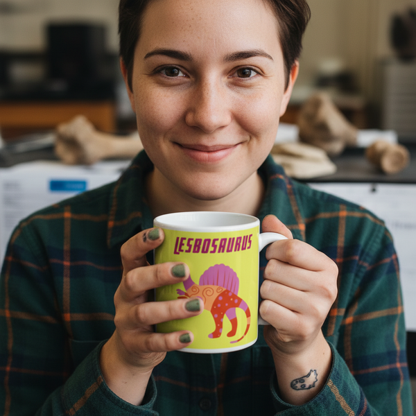 Young person holds a chartreuse Lesbosaurus Mug featuring a spotted dinosaur graphic and bold lettering. Perfect for expressing LGBTQIA+ pride with every sip.