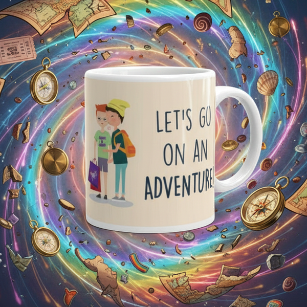 Let's Go On An Adventure Mug featuring two cartoon travelers, vibrant backdrop of compasses and treasures, celebrates LGBTQIA+ pride. Ceramic, dishwasher and microwave safe, perfect for expressing queer self-confidence.