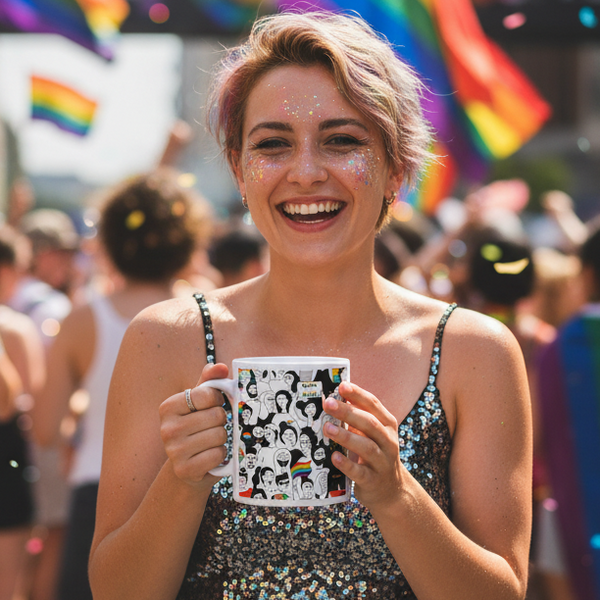 Person with pastel hair and glittery cheeks holds an LGBT Pride Mug featuring stylized faces and a rainbow flag, embodying queer joy and self-expression at a vibrant Pride event.