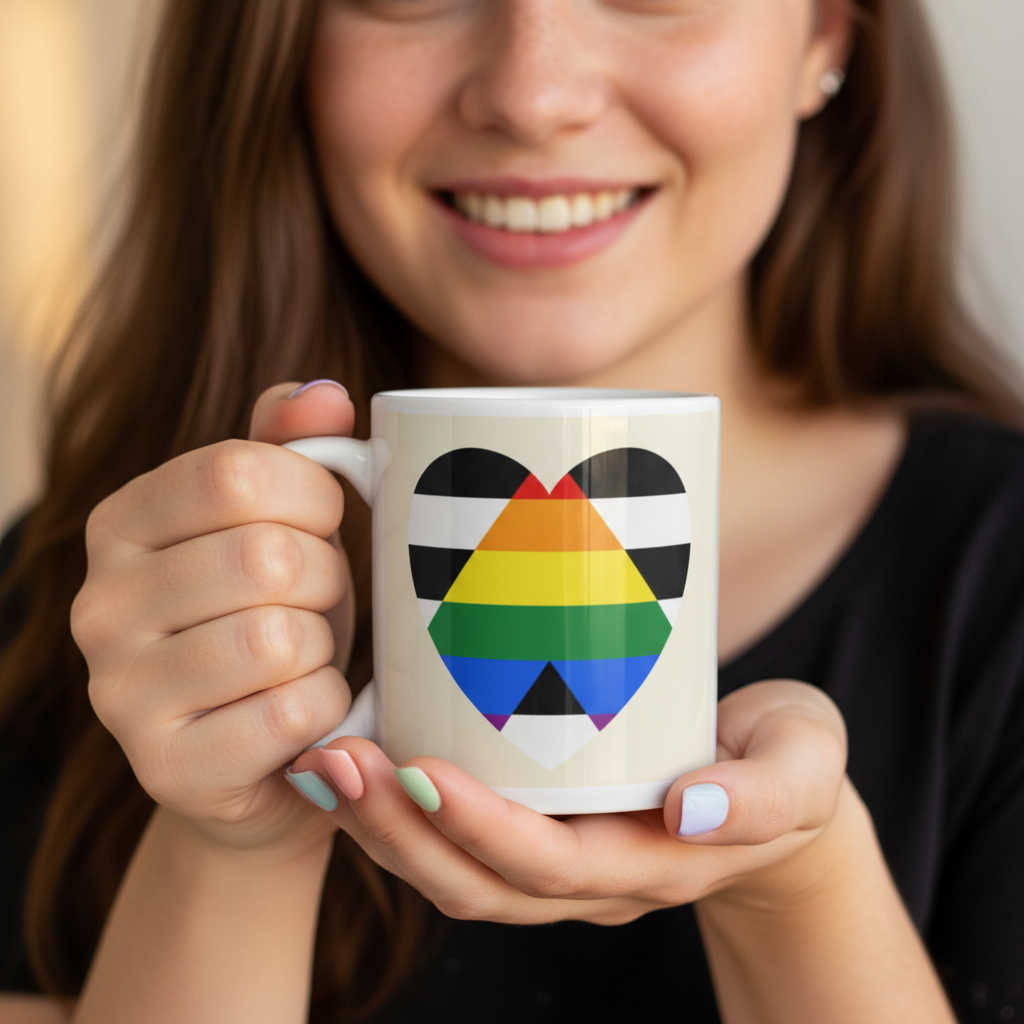LGBTQ Ally Mug featuring a vibrant Pride flag heart, held by a smiling person with pastel nails, embodying LGBTQIA+ pride and self-expression. Perfect for coffee, tea, or wine, celebrating queer visibility.