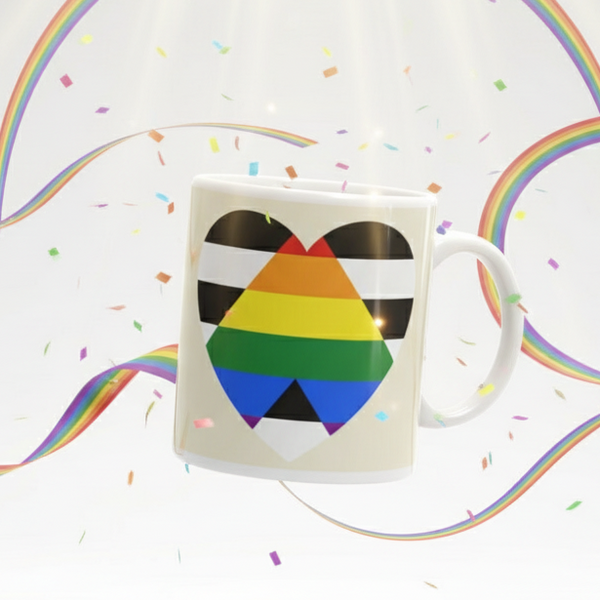 LGBTQ Ally Mug featuring a vibrant intersectional pride heart design with rainbow stripes and black-and-white bars, surrounded by rainbow confetti and ribbons. Celebrate pride with this empowering, durable mug.