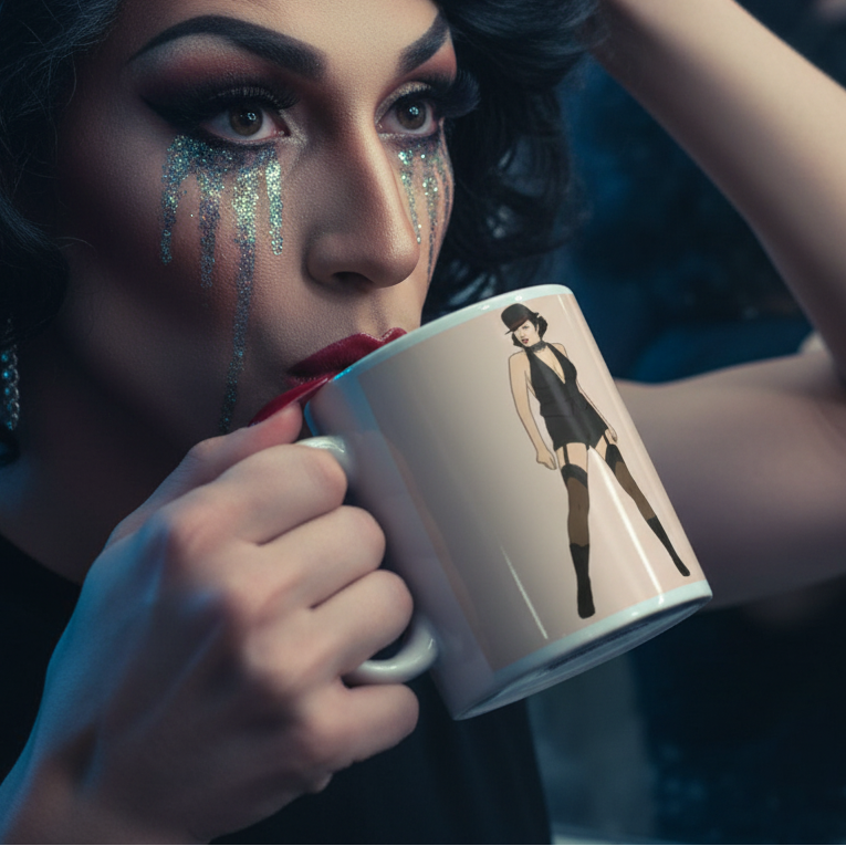 Drag performer sipping from the Liza Minnelli Mug, showcasing a figure in a black leotard and top hat, embodying bold, queer self-expression. Perfect for celebrating LGBTQIA+ pride with every sip.