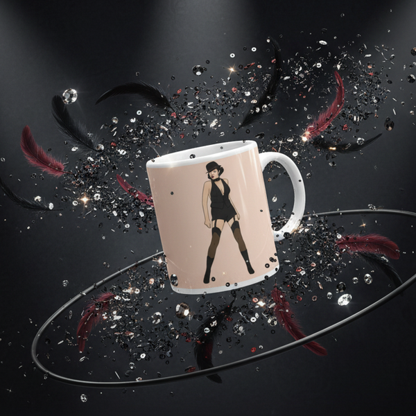 Liza Minnelli Mug: A ceramic mug featuring an illustration of a woman in a cabaret outfit, surrounded by dynamic red and black feathers and sparkling confetti, celebrating LGBTQIA+ pride and self-expression.
