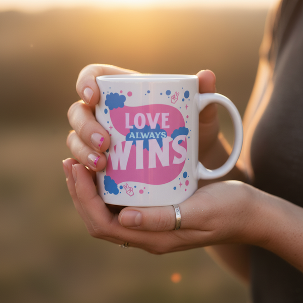 Person holding Love Always Wins mug with pink and blue slogan, surrounded by playful doodles. Light pink nails and silver ring accentuate the scene, emphasizing LGBTQIA+ pride and self-expression.