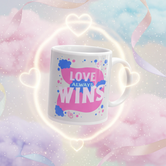 White ceramic Love Always Wins mug with bold pink and blue text, floating amid a dreamy, sparkly pastel backdrop. Perfect for embracing LGBTQIA+ pride, self-expression, and empowerment. Dishwasher and microwave safe.