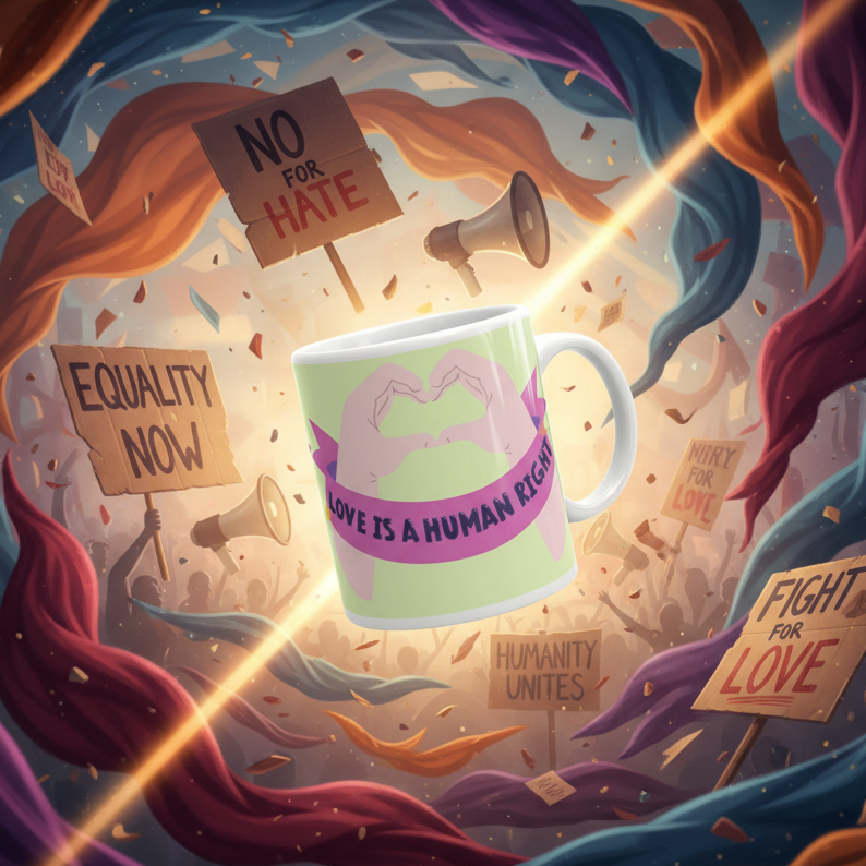 Love Is A Human Right Mug features hands forming a heart with a powerful slogan, set against a vibrant protest scene celebrating unity and equality, reflecting bold, joyful queer empowerment.