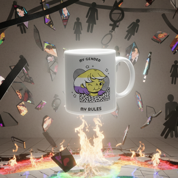 Surreal shot of the My Gender My Rules Mug: a white ceramic mug with a bold, queer design, featuring a winking character framed by non-binary pride colors, floating amid rainbow-reflecting shards and gender symbols.