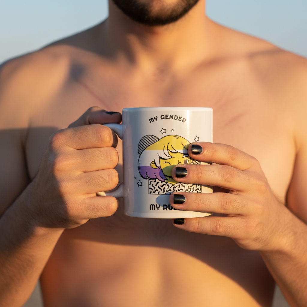 Person holding My Gender My Rules Mug, featuring a cartoon face with non-binary pride flag colors. The mug, a bold statement of self-expression and pride, is illuminated by warm light.