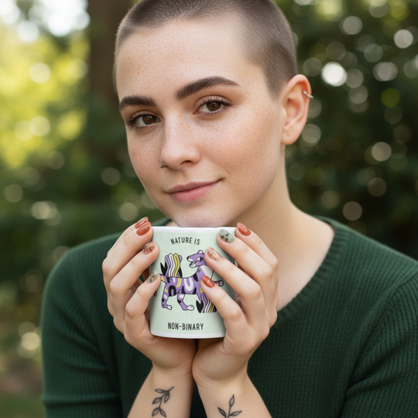 Person with buzz cut and freckles holds the Nature Is Non-Binary Mug, featuring a striped creature. The mug embodies LGBTQIA+ pride and empowerment, perfect for showcasing self-expression and visibility.