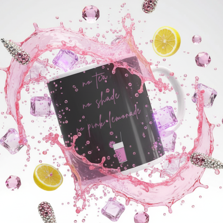 No Tea No Shade No Pink Lemonade Mug featuring vibrant pink script and a lemonade glass graphic, surrounded by playful pink liquid splashes, ice cubes, and lemon slices, embodying bold, joyful queer pride.
