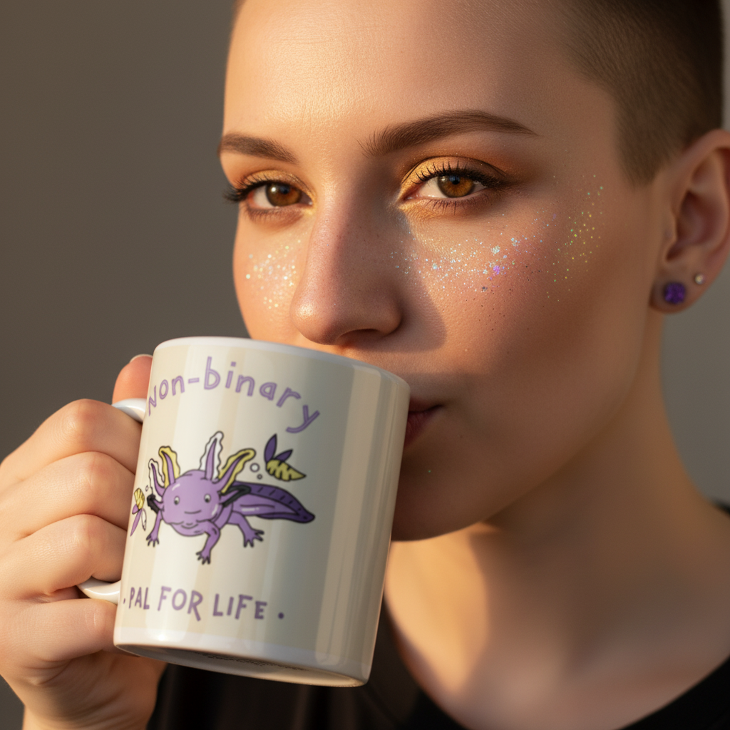 Person with buzzed haircut sipping from a Non-Binary Pal For Life mug featuring a cartoon axolotl. Warm eye makeup and glitter enhance their look, embodying Queer In The World's prideful, inclusive spirit.