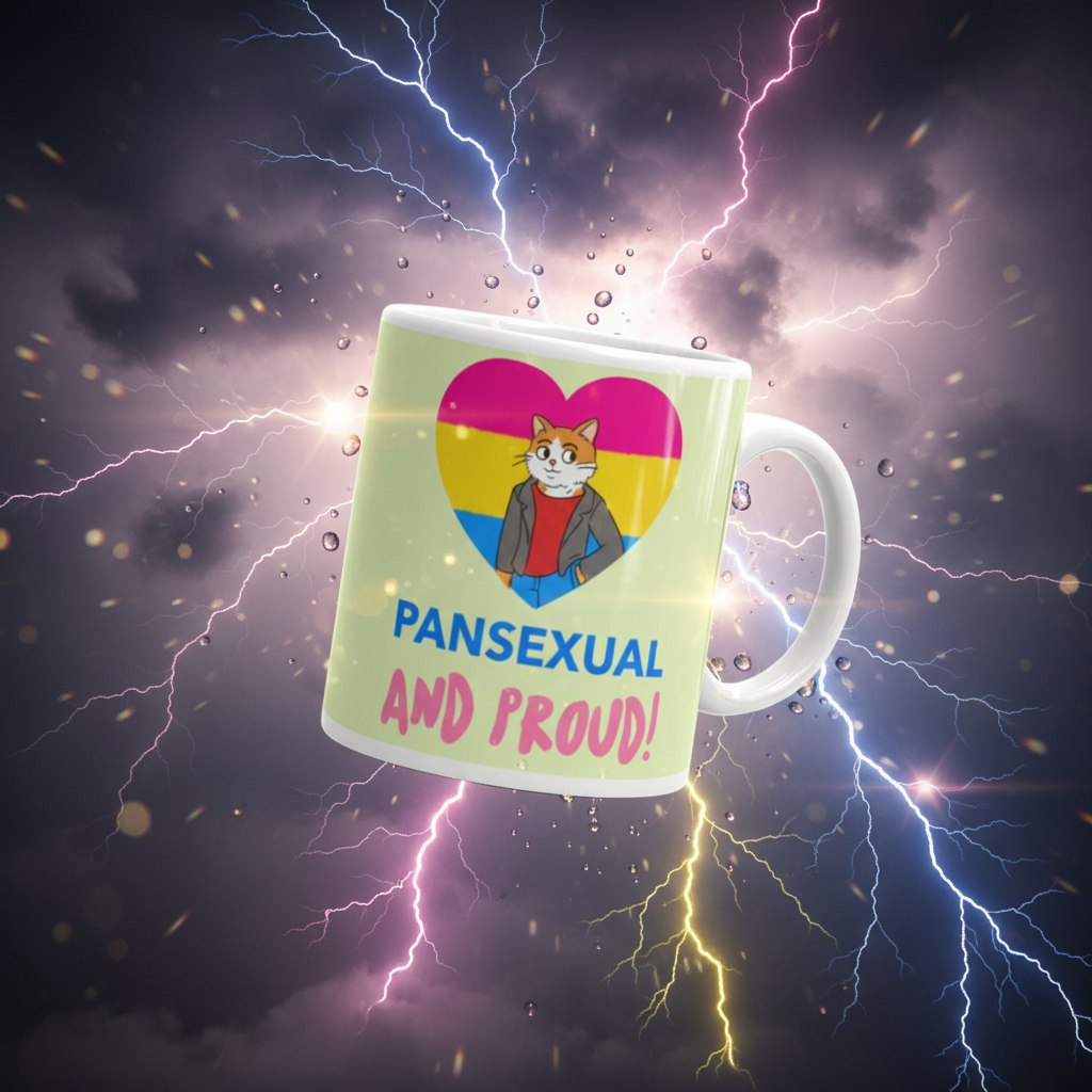 Pansexual And Proud Mug featuring a cartoon cat and heart in pansexual pride colors against a lightning-lit sky, celebrating LGBTQIA+ identity with bold, empowering text, perfect for vibrant, queer self-expression.
