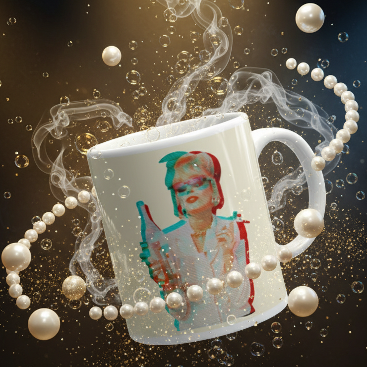Patsy Stone Absolutely Fabulous Mug: A white ceramic mug with a retro 3D image of a vintage woman, surrounded by dreamy vapor and glitter, embodying bold, joyful queer energy for vibrant self-expression.
