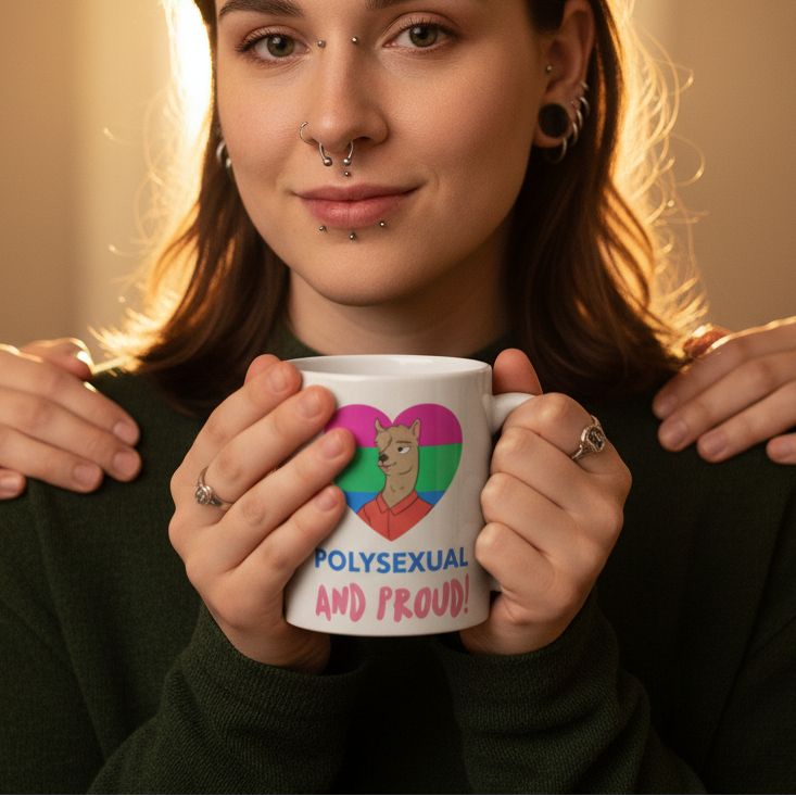 Young person with diverse facial piercings holds a Polysexual and Proud mug featuring a cartoon llama and polysexual pride colors, embodying self-expression and empowerment. Second person's hands gently rest on their shoulders.