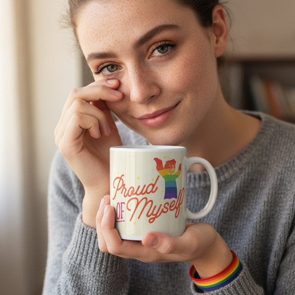 Person holds a white mug reading “Proud Of Myself” with a rainbow-shirted figure