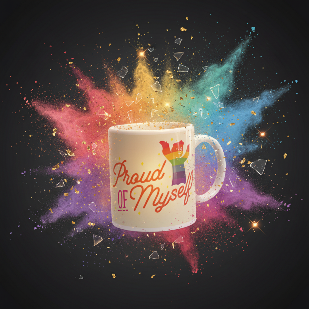 White mug reading “Proud OF Myself,” with a rainbow raised fist and colorful powder behind it