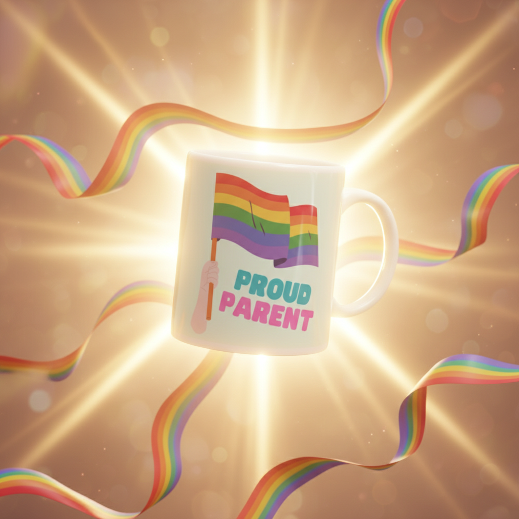White mug reading “PROUD PARENT,” with a hand-held rainbow pride flag design