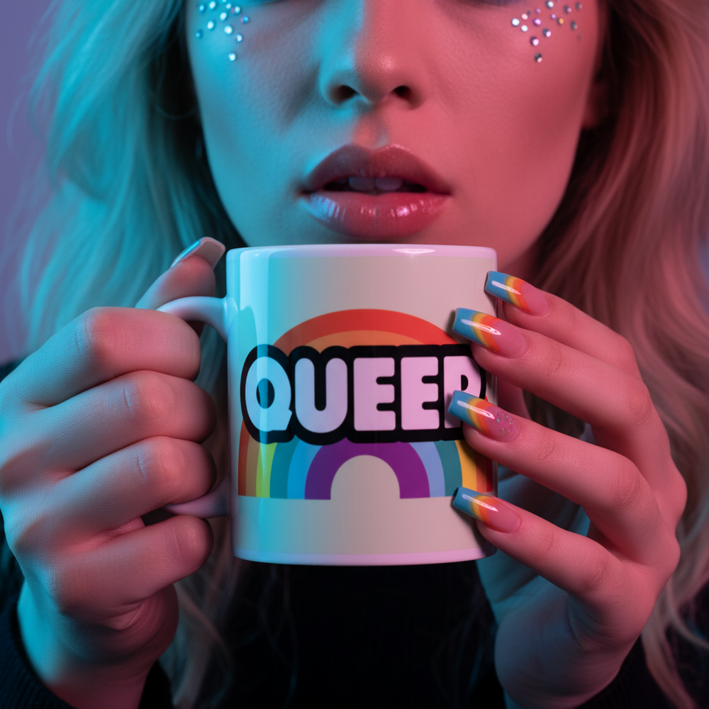 Person holds a white mug reading “QUEER” over a colorful rainbow graphic