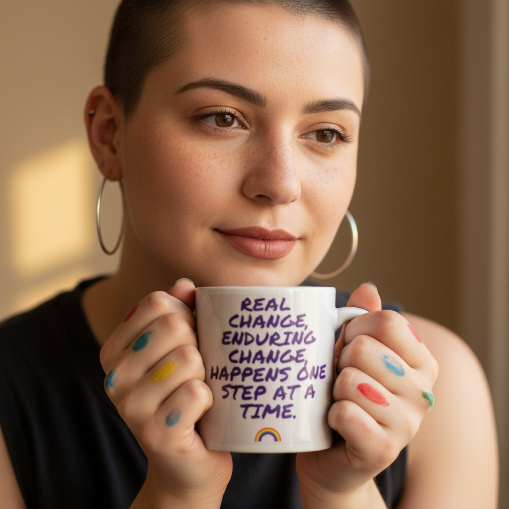 Person with a buzzed haircut and hoop earrings holding the Real Change, Enduring Change Mug, featuring empowering text and a rainbow, their paint-smeared fingers showcasing vibrant colors. Celebrating LGBTQIA+ pride and self-expression.