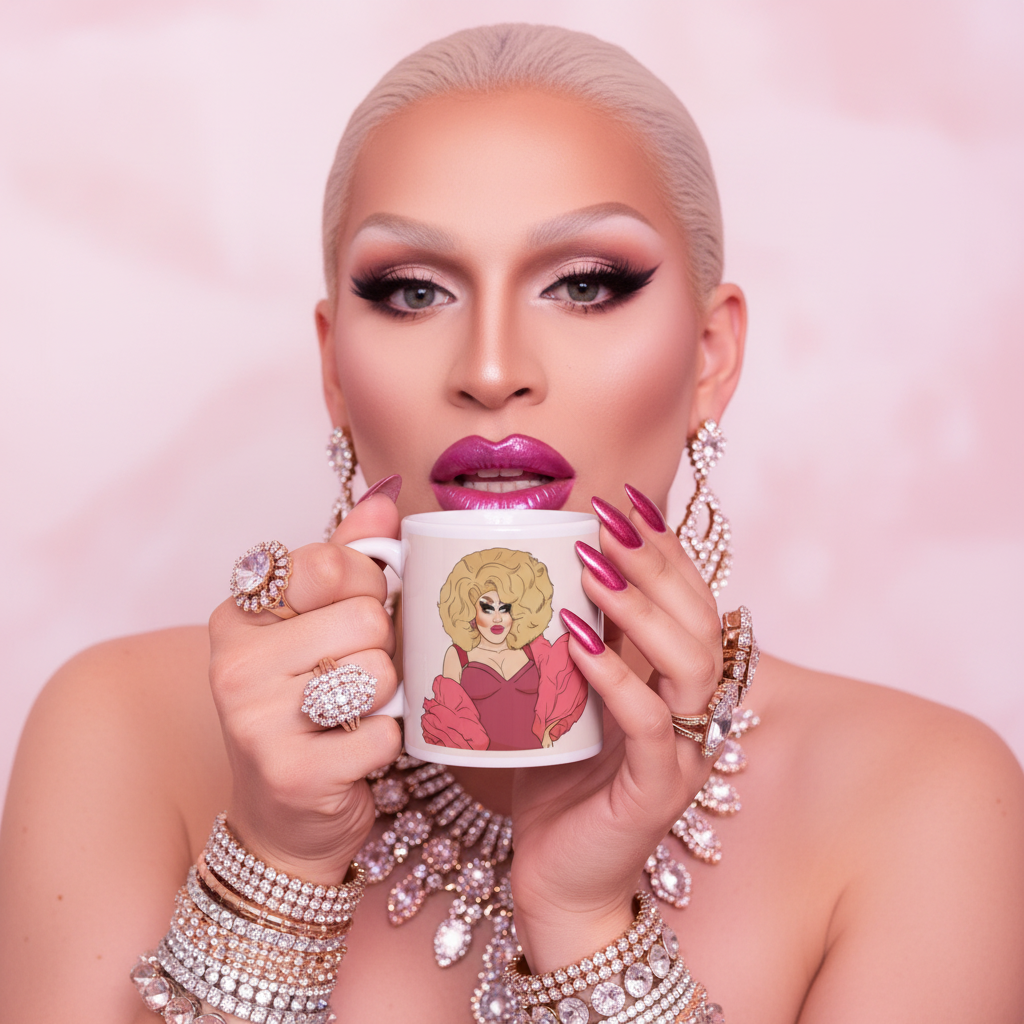 Sassy Trixie Mattel Mug held by a glam drag queen with platinum-blonde hair and metallic-pink nails, showcasing a cartoon drag queen in a red gown. Perfect for celebrating queer pride and self-expression.