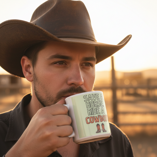 Cowboy-hatted person drinks from a mug reading “SAVE A HORSE RIDE A COWBOY”