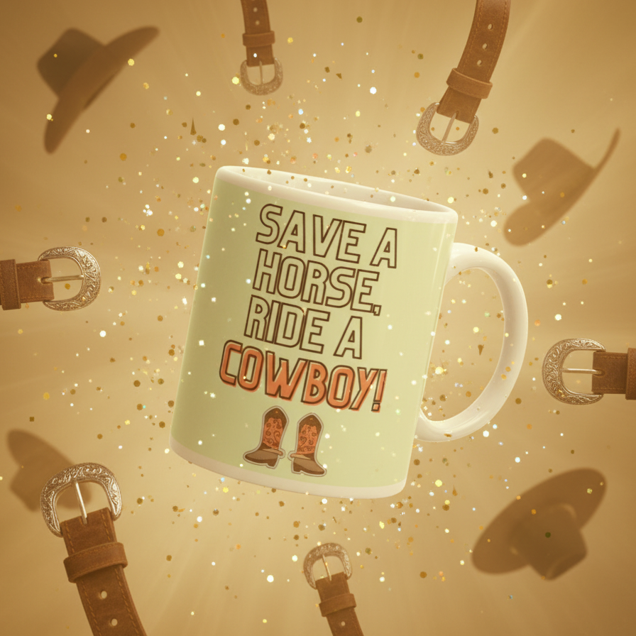 Ceramic Save A Horse, Ride A Cowboy mug adorned with cowboy boots graphic, set against a playful backdrop of cowboy hats and confetti, embodying vibrant LGBTQIA+ pride and self-expression.