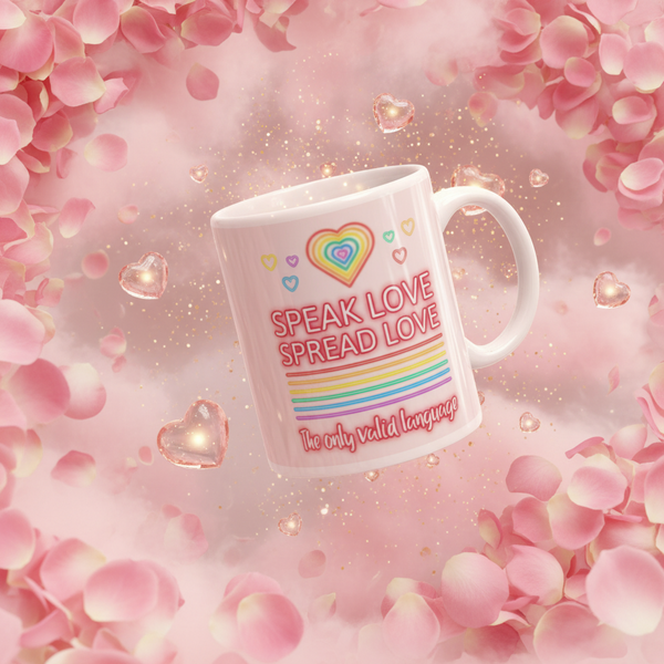 Angled white mug reading “SPEAK LOVE SPREAD LOVE” amid pink petals and hearts