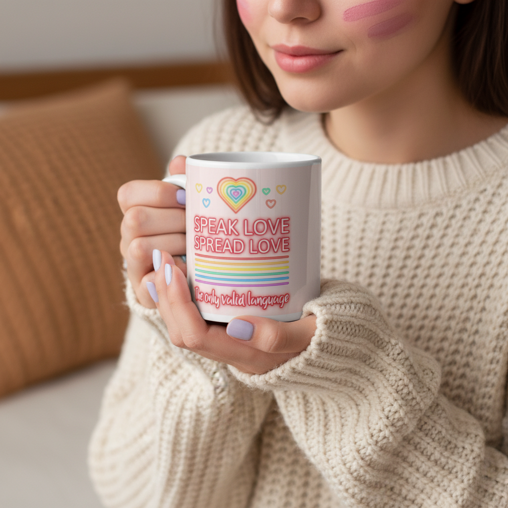 Person cradling a white mug reading “Speak Love Spread Love” with rainbow hearts and stripes