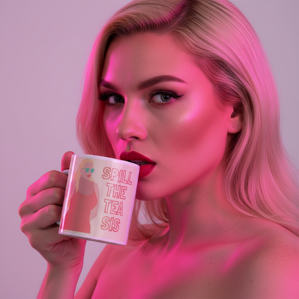 A blonde woman with bold makeup holds the Spill The Tea Sis Mug, featuring a stylish illustration and empowering phrase, embodying Queer In The World's vibrant, prideful spirit.
